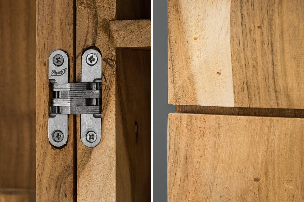 Handgearbeiteter Barschrank MOSAICO aus Akazie Massivholz 130 cm mit 3D-Effekt, viel Stauraum für Gläser & Flaschen, edles Design.