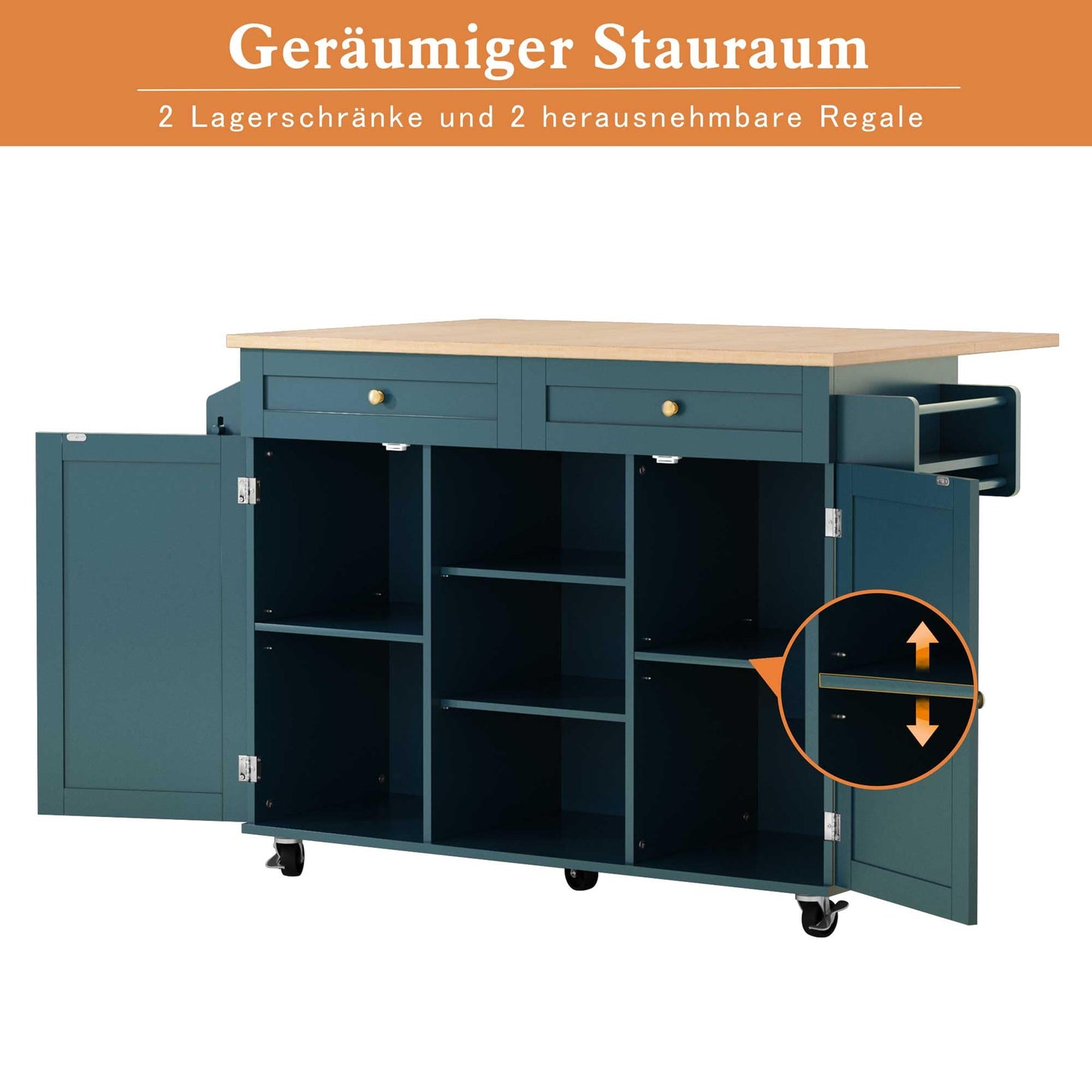 HOLTICO Kücheninsel auf Rädern, rollbarer Inselwagen mit abklappbarer Arbeitsplatte, Lagerungsschrank & Turmregal – praktischer Tisch für Küche & Esszimmer, Grün.