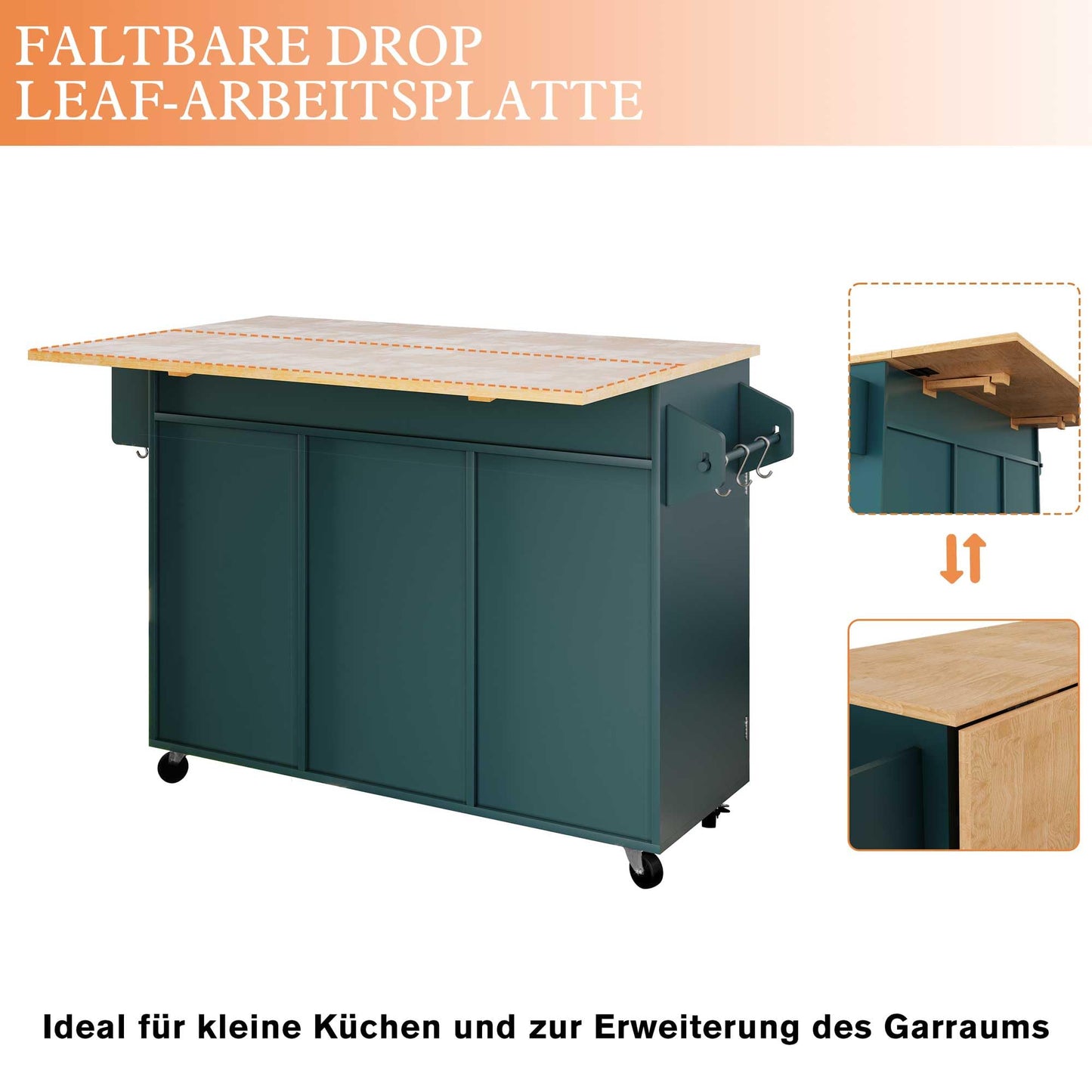 HOLTICO Kücheninsel auf Rädern, rollbarer Inselwagen mit abklappbarer Arbeitsplatte, Lagerungsschrank & Turmregal – praktischer Tisch für Küche & Esszimmer, Grün.