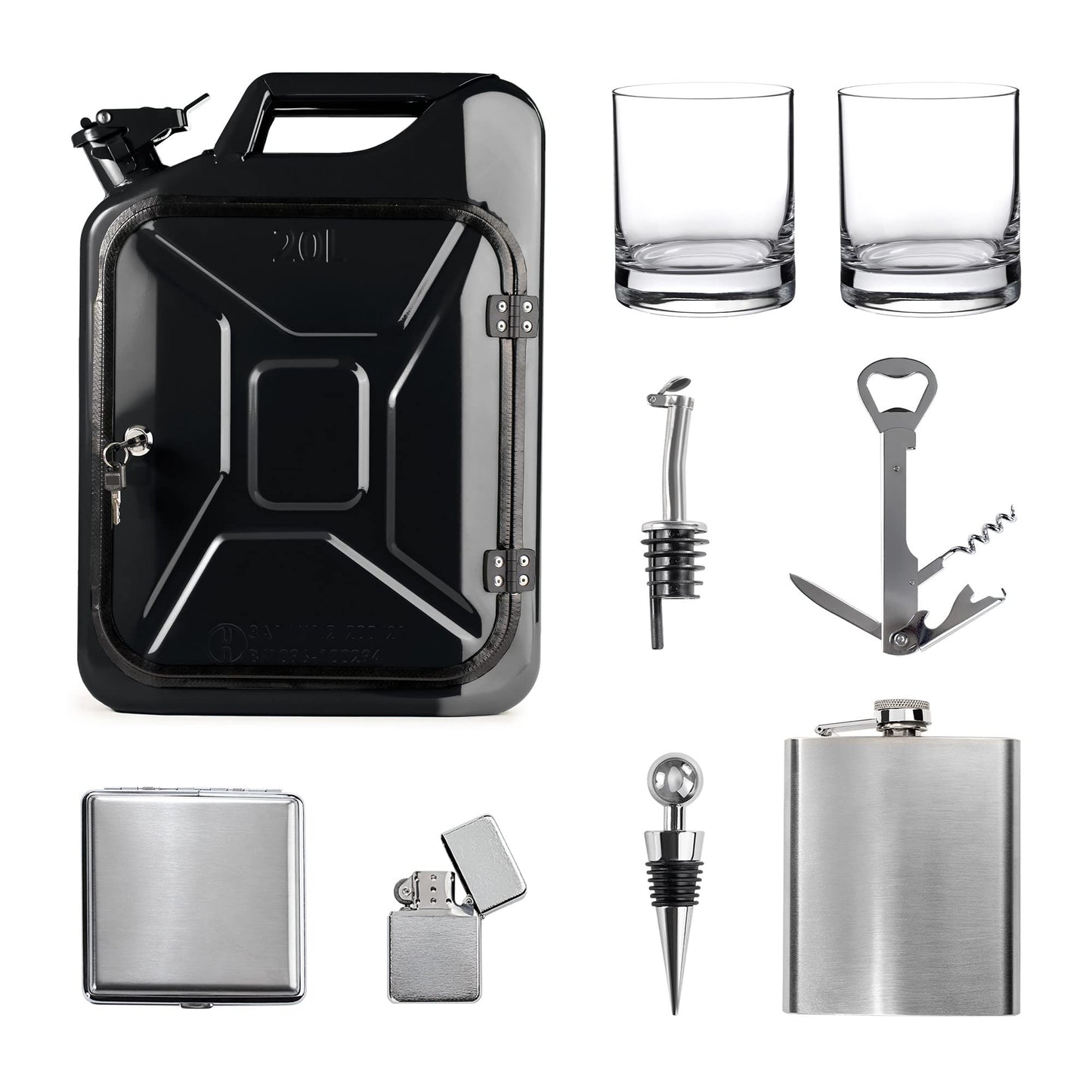 AMAVEL Kanister Bar 20L, schwarze Minibar aus Benzinkanister, inkl. 8-teiligem Zubehör-Set, 2 Gläsern & Flaschenhalter – origineller Barschrank.