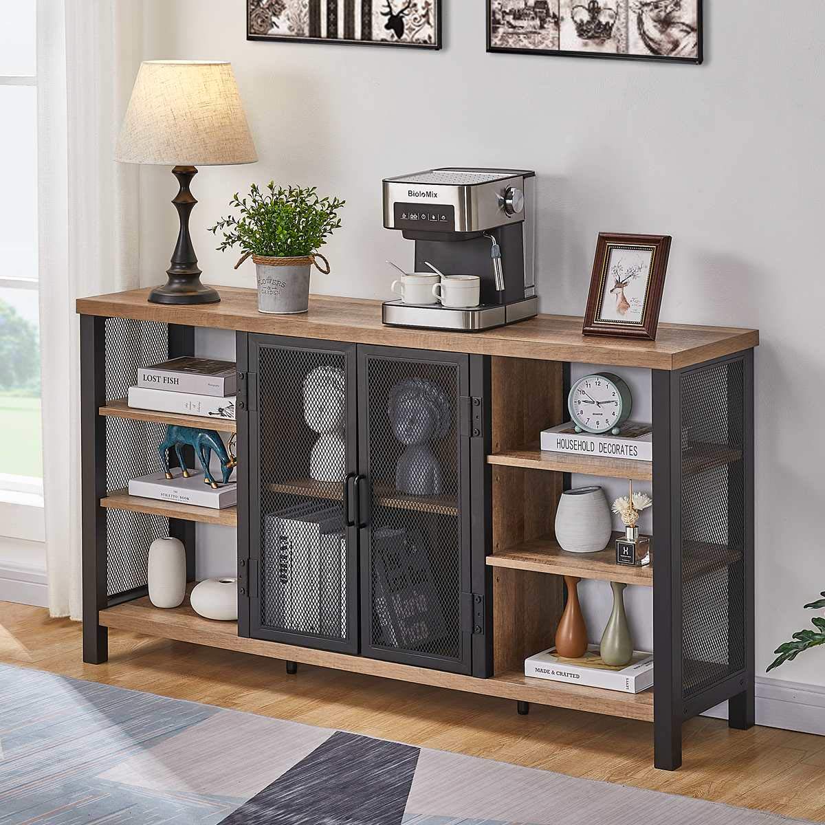 FATORRI Industrieller Weinbarschrank aus rustikaler Eiche, mit Weinregal, Stauraum für Gläser & Likör, Sideboard & Buffetschrank im Landhausstil.