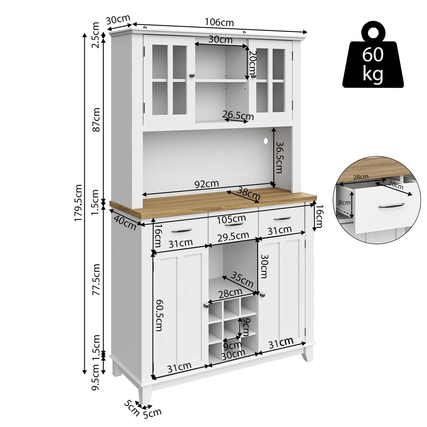 SogesHome Küchenschrank mit LED, Hochschrank & Buffet mit Vitrine, Sideboard, Weinregal & Schubladen, 106x40x179,5 cm – stilvoller Stauraum.