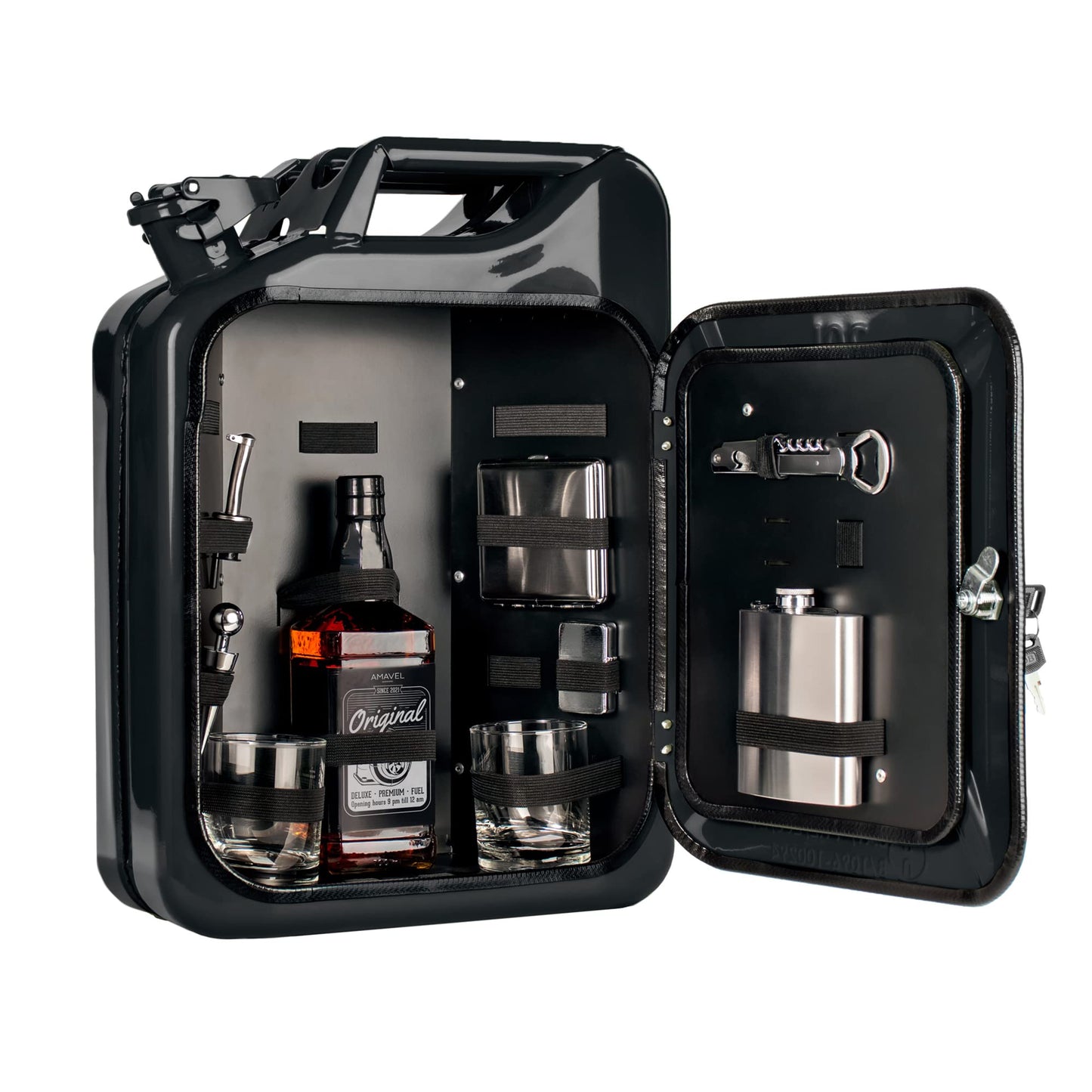 AMAVEL Kanister Bar 20L, schwarze Minibar aus Benzinkanister, inkl. 8-teiligem Zubehör-Set, 2 Gläsern & Flaschenhalter – origineller Barschrank.