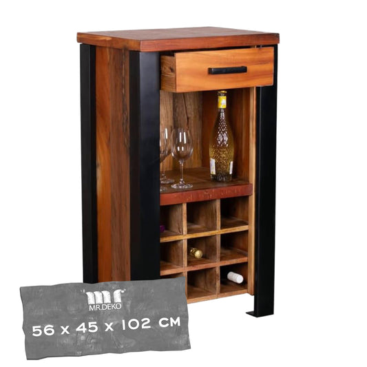 MR. DEKO® Weinregal Venosa, 56x45x102 cm, Vintage Industrial Design – eleganter Weinschrank und Barregal für stilvolles Zuhause.