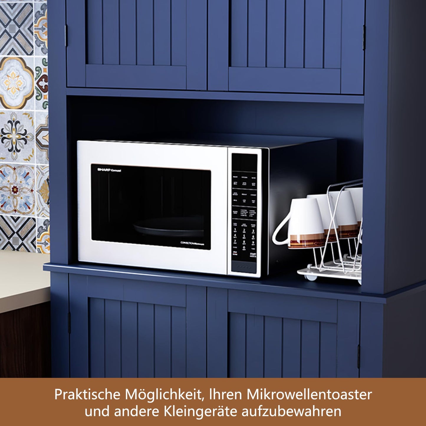 HOLTICO Küchenschrank mit Arbeitsplatte, Hochschrank & Buffet, Türen und Regale – vielseitiger Stauraum für Esszimmer, Küche oder Wohnzimmer, Blau.