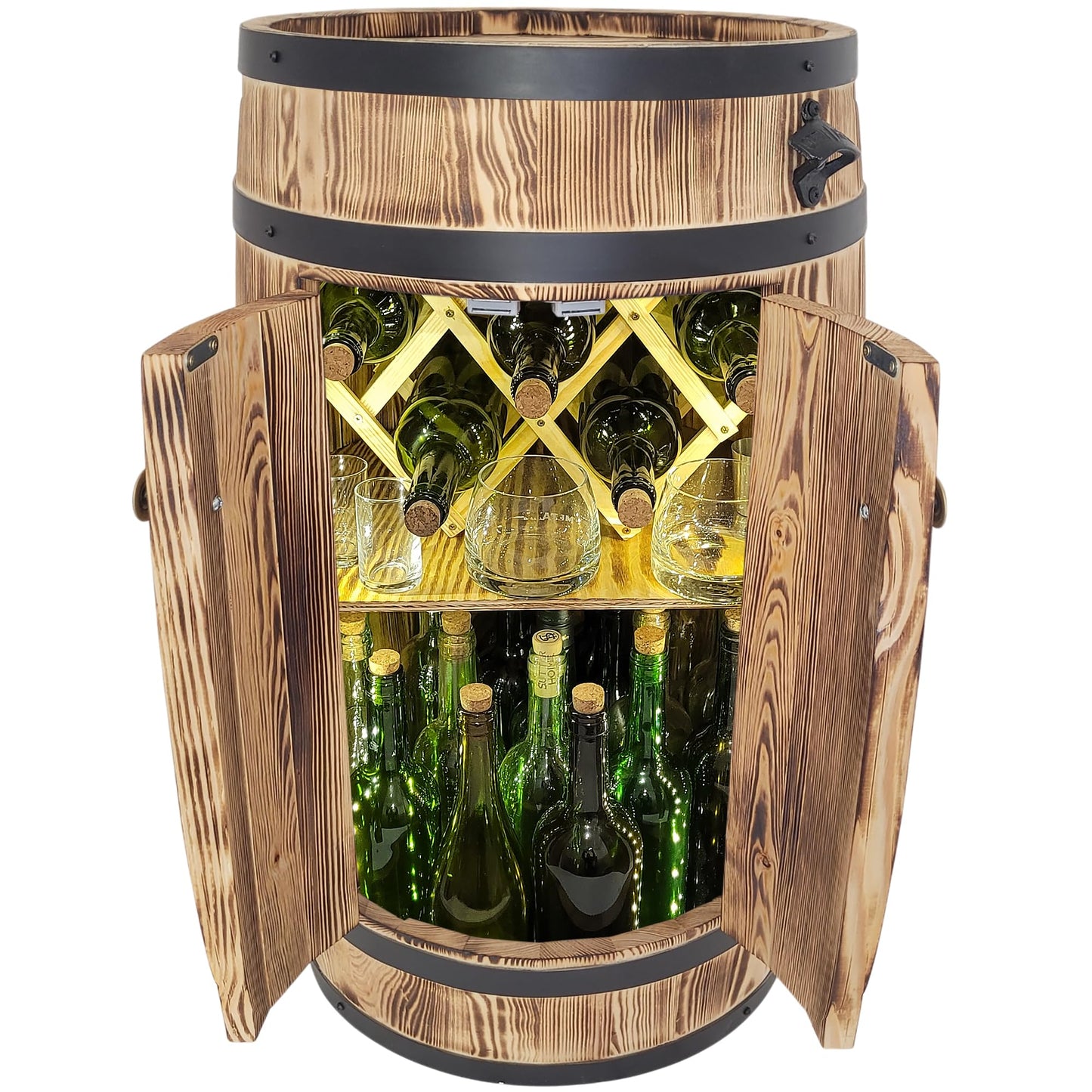 weeco Holzfass Barschrank, rustikale Hausbar mit Türen & LED-Beleuchtung, klappbarer mobiler Weinflaschenhalter für Alkoholflaschen, 80x50x44 cm.
