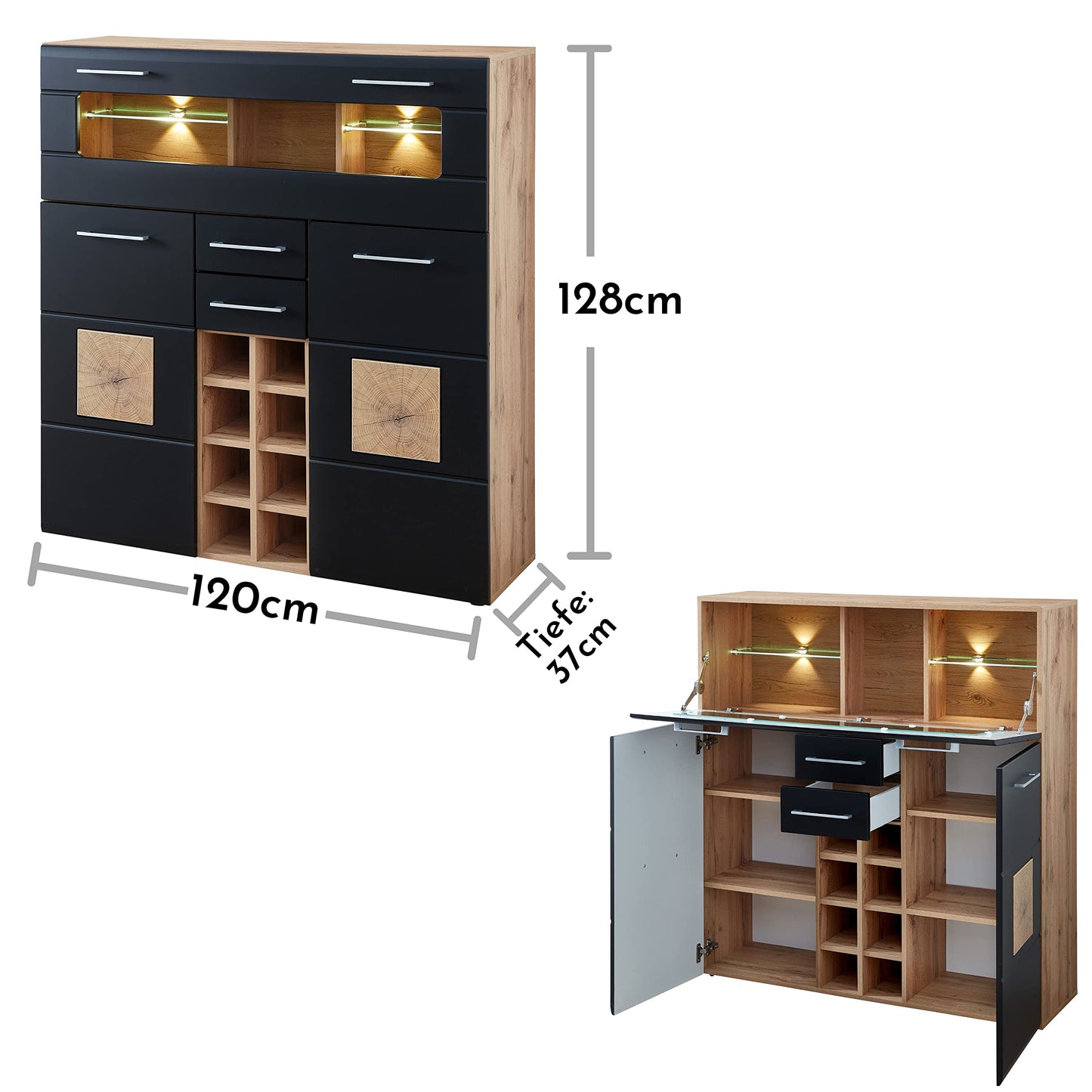 Stella Trading SONATE Barschrank, modernes Highboard in Eiche Altholz Optik & Schwarz, mit Flaschenregal & LED-Beleuchtung, 120x128x37 cm.