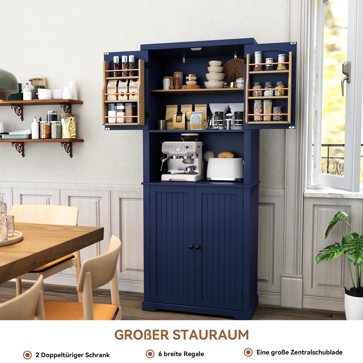 HOLTICO Küchenschrank mit Arbeitsplatte, Hochschrank & Buffet, Türen und Regale – vielseitiger Stauraum für Esszimmer, Küche oder Wohnzimmer, Blau.