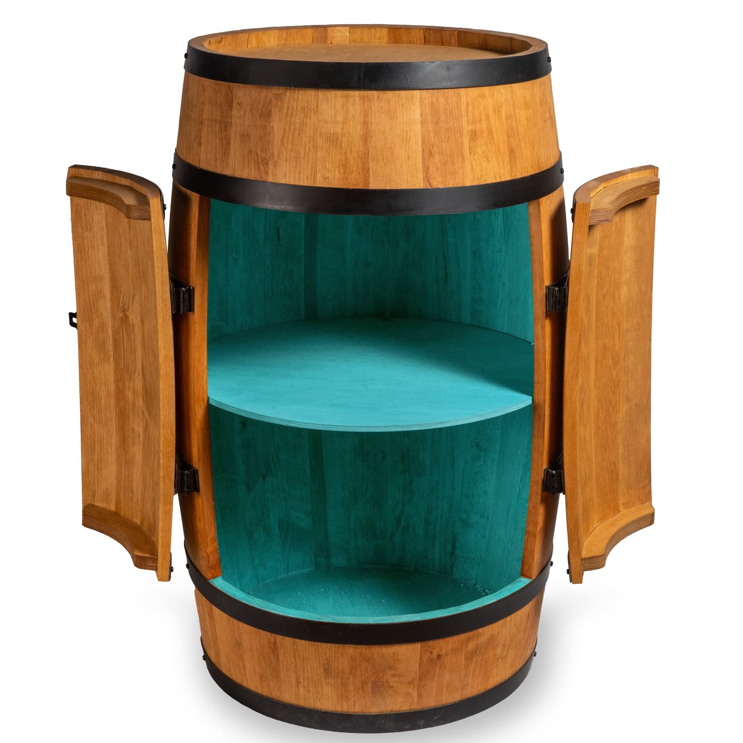 CREATIVE COOPER Weinregal aus Holz, 80 cm hoch, mit Tür & LED RGB, Fassmöbel & Mini-Bar im Eiche-Finish – stilvoller Alkoholschrank mit Flaschenregal.