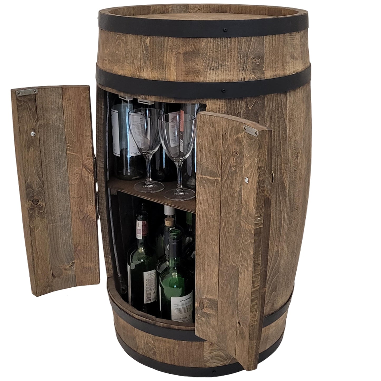 Fassbar XL aus Holzfass, handgemacht mit 2 Türen, Flaschenregal & Hausbar im Vintage-Stil – ideal als Theke, Schrank oder Geschenk für Männer.