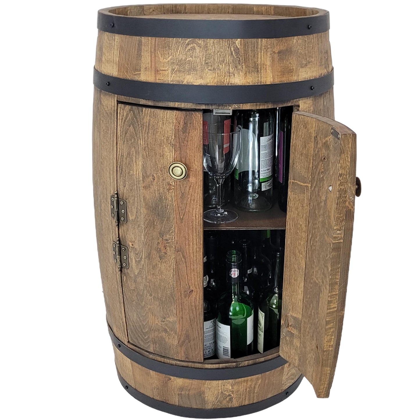 Fassbar XL aus Holzfass, handgemacht mit 2 Türen, Flaschenregal & Hausbar im Vintage-Stil – ideal als Theke, Schrank oder Geschenk für Männer.