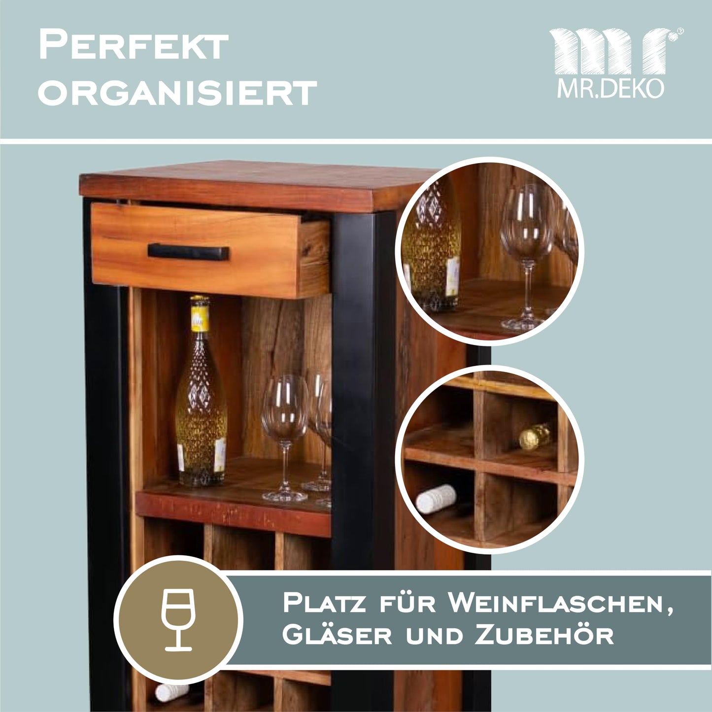 MR. DEKO® Weinregal Venosa, 56x45x102 cm, Vintage Industrial Design – eleganter Weinschrank und Barregal für stilvolles Zuhause.