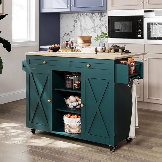 HOLTICO Kücheninsel auf Rädern, rollbarer Inselwagen mit abklappbarer Arbeitsplatte, Lagerungsschrank & Turmregal – praktischer Tisch für Küche & Esszimmer, Grün.