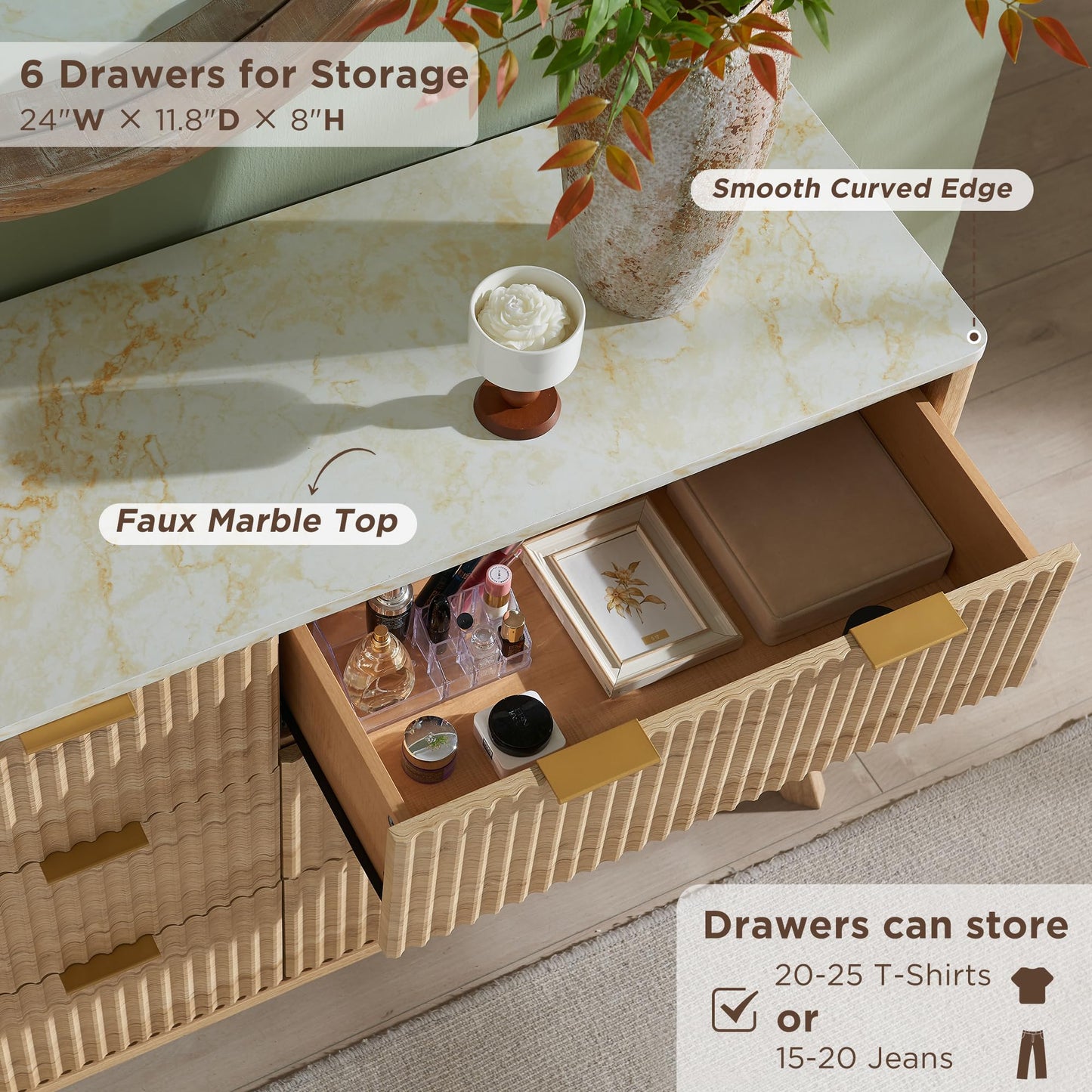 Flexoliving Kommode 137 cm, moderner Hochschrank mit 6 Schubladen, Rillenfront & Melaminplatte in Marmor-Optik, elegantes Design in Natur-Eiche.