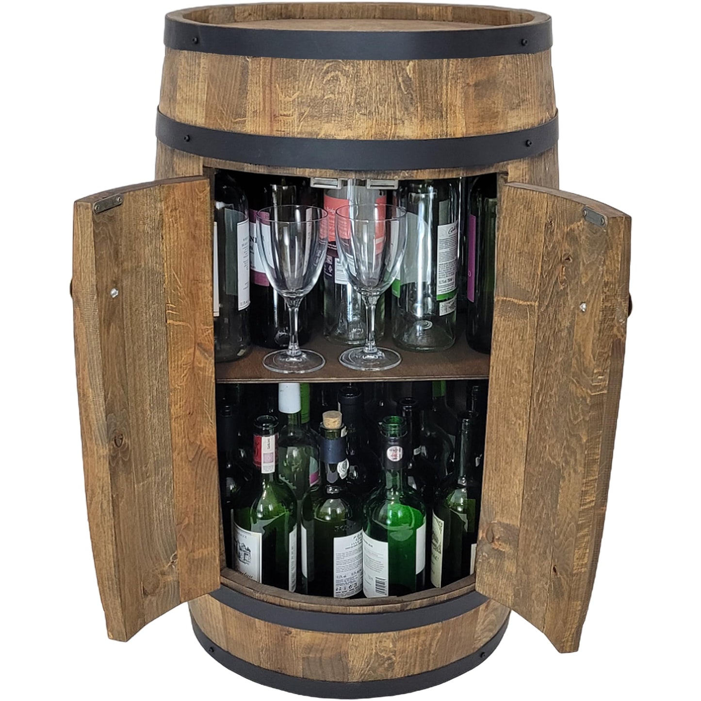 Fassbar XL aus Holzfass, handgemacht mit 2 Türen, Flaschenregal & Hausbar im Vintage-Stil – ideal als Theke, Schrank oder Geschenk für Männer.