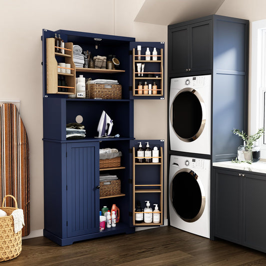 HOLTICO Küchenschrank mit Arbeitsplatte, Hochschrank & Buffet, Türen und Regale – vielseitiger Stauraum für Esszimmer, Küche oder Wohnzimmer, Blau.