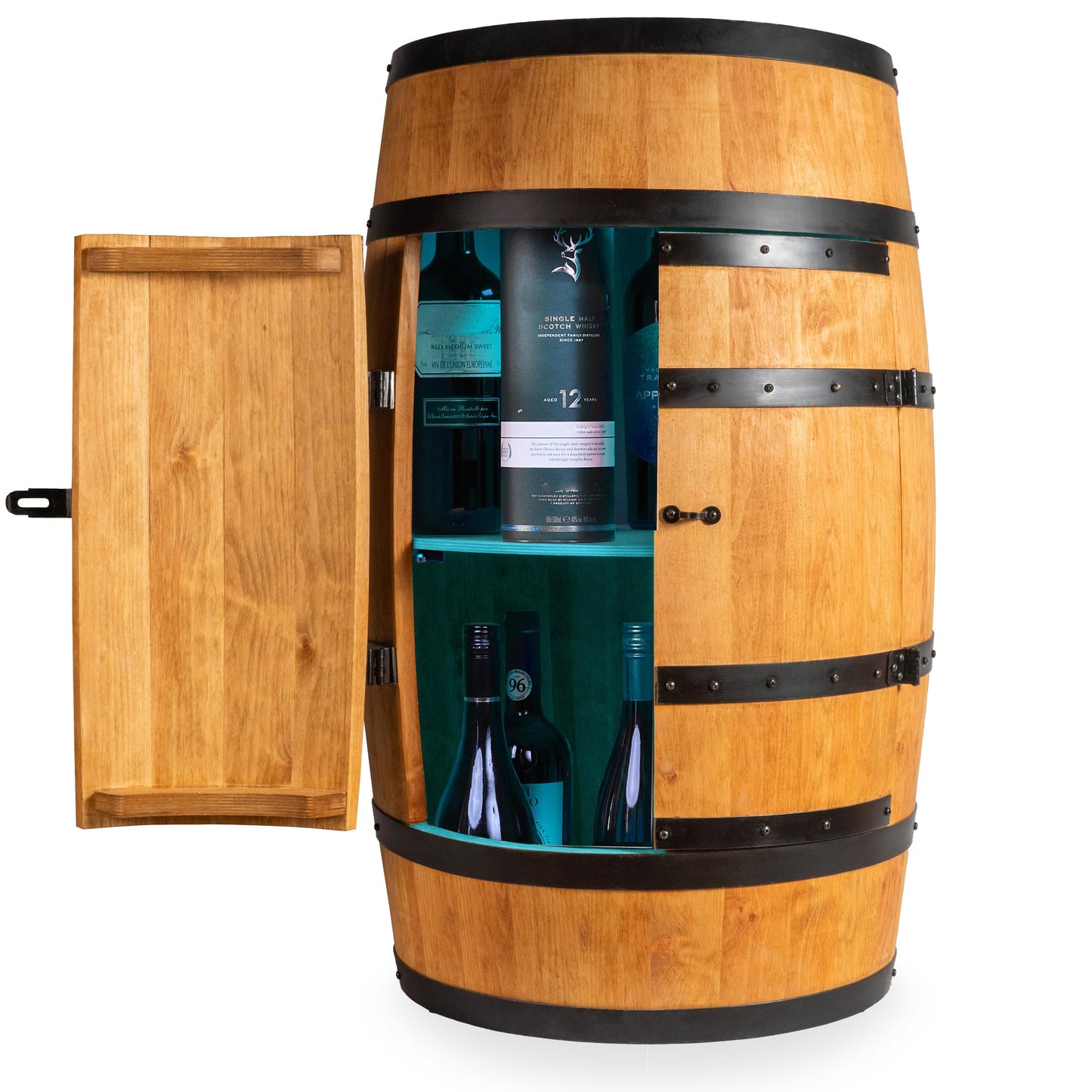 CREATIVE COOPER Weinregal aus Holz, 80 cm hoch, mit Tür & LED RGB, Fassmöbel & Mini-Bar im Eiche-Finish – stilvoller Alkoholschrank mit Flaschenregal.