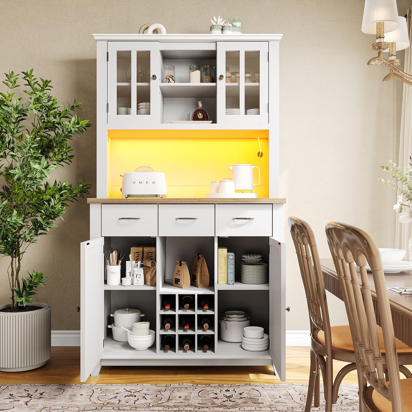 SogesHome Küchenschrank mit LED, Hochschrank & Buffet mit Vitrine, Sideboard, Weinregal & Schubladen, 106x40x179,5 cm – stilvoller Stauraum.