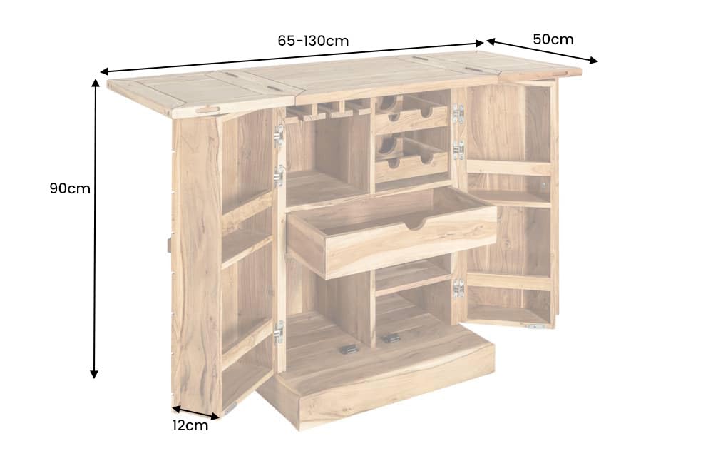 Handgearbeiteter Barschrank MOSAICO aus Akazie Massivholz 130 cm mit 3D-Effekt, viel Stauraum für Gläser & Flaschen, edles Design.
