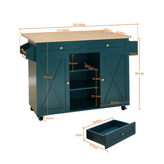 HOLTICO Kücheninsel auf Rädern, rollbarer Inselwagen mit abklappbarer Arbeitsplatte, Lagerungsschrank & Turmregal – praktischer Tisch für Küche & Esszimmer, Grün.