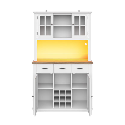 SogesHome Küchenschrank mit LED, Hochschrank & Buffet mit Vitrine, Sideboard, Weinregal & Schubladen, 106x40x179,5 cm – stilvoller Stauraum.