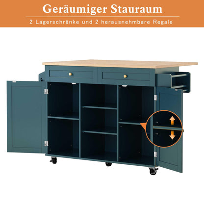 HOLTICO Kücheninsel auf Rädern, rollbarer Inselwagen mit abklappbarer Arbeitsplatte, Lagerungsschrank & Turmregal – praktischer Tisch für Küche & Esszimmer, Grün.