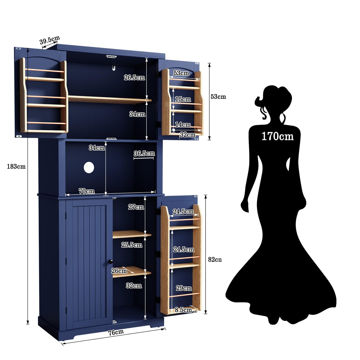 HOLTICO Küchenschrank mit Arbeitsplatte, Hochschrank & Buffet, Türen und Regale – vielseitiger Stauraum für Esszimmer, Küche oder Wohnzimmer, Blau.