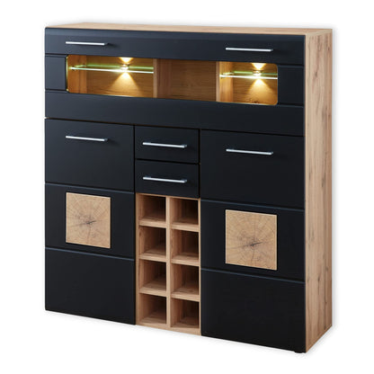 Stella Trading SONATE Barschrank, modernes Highboard in Eiche Altholz Optik & Schwarz, mit Flaschenregal & LED-Beleuchtung, 120x128x37 cm.