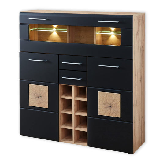 Stella Trading SONATE Barschrank, modernes Highboard in Eiche Altholz Optik & Schwarz, mit Flaschenregal & LED-Beleuchtung, 120x128x37 cm.