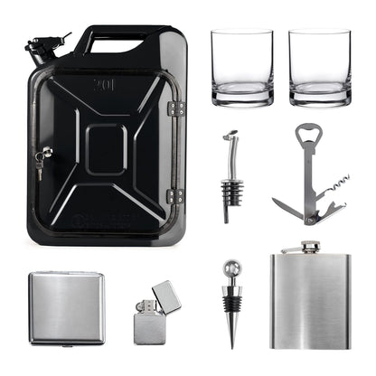 AMAVEL Kanister Bar 20L, schwarze Minibar aus Benzinkanister, inkl. 8-teiligem Zubehör-Set, 2 Gläsern & Flaschenhalter – origineller Barschrank.