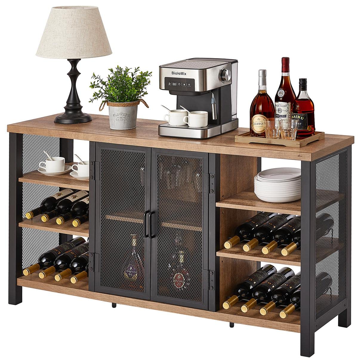 FATORRI Industrieller Weinbarschrank aus rustikaler Eiche, mit Weinregal, Stauraum für Gläser & Likör, Sideboard & Buffetschrank im Landhausstil.