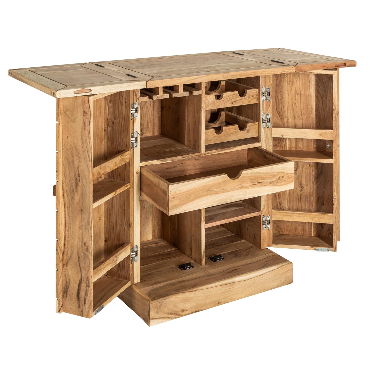 Handgearbeiteter Barschrank MOSAICO aus Akazie Massivholz 130 cm mit 3D-Effekt, viel Stauraum für Gläser & Flaschen, edles Design.