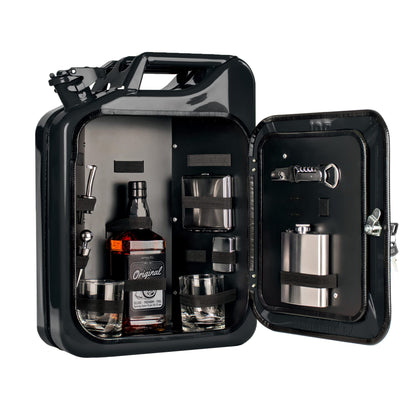 AMAVEL Kanister Bar 20L, schwarze Minibar aus Benzinkanister, inkl. 8-teiligem Zubehör-Set, 2 Gläsern & Flaschenhalter – origineller Barschrank.
