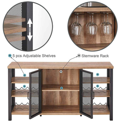 FATORRI Industrieller Weinbarschrank aus rustikaler Eiche, mit Weinregal, Stauraum für Gläser & Likör, Sideboard & Buffetschrank im Landhausstil.