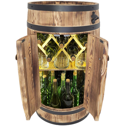 weeco Holzfass Barschrank, rustikale Hausbar mit Türen & LED-Beleuchtung, klappbarer mobiler Weinflaschenhalter für Alkoholflaschen, 80x50x44 cm.
