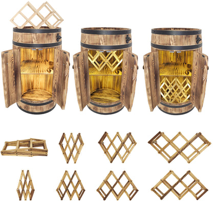 weeco Holzfass Barschrank, rustikale Hausbar mit Türen & LED-Beleuchtung, klappbarer mobiler Weinflaschenhalter für Alkoholflaschen, 80x50x44 cm.