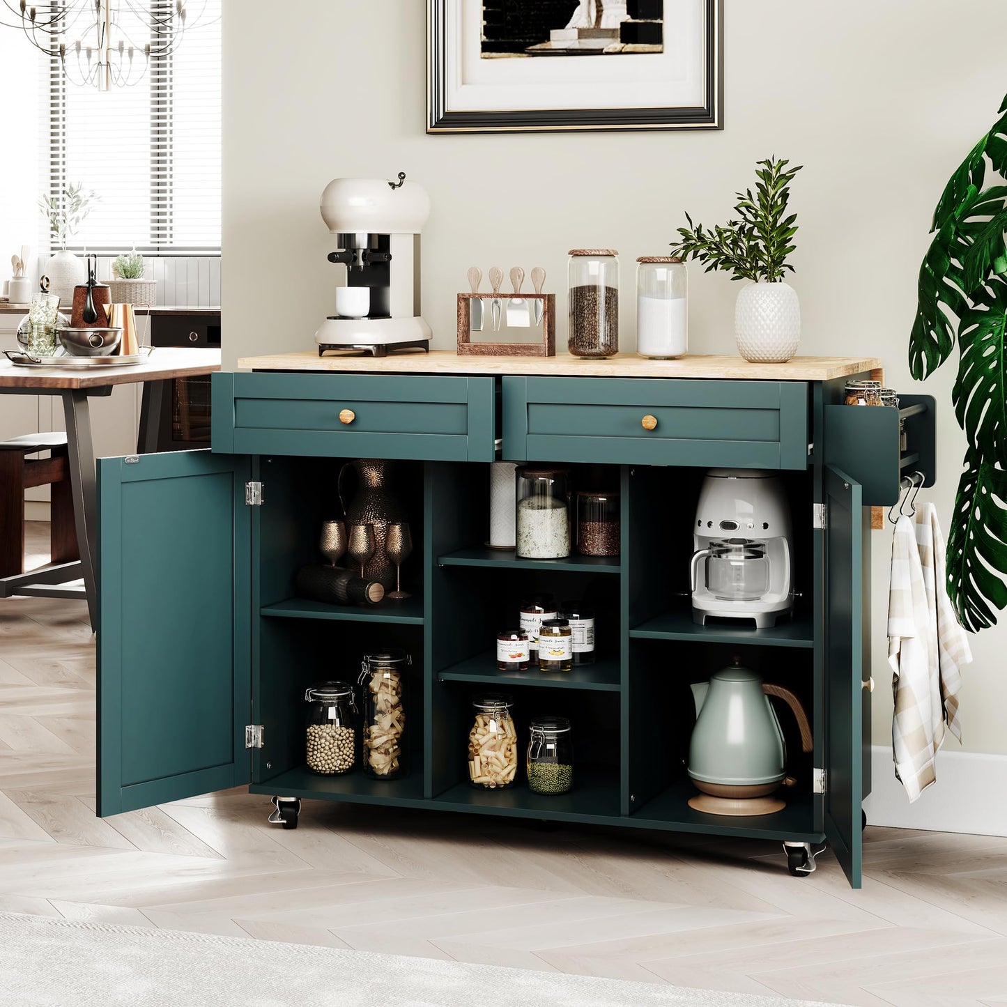 HOLTICO Kücheninsel auf Rädern, rollbarer Inselwagen mit abklappbarer Arbeitsplatte, Lagerungsschrank & Turmregal – praktischer Tisch für Küche & Esszimmer, Grün.