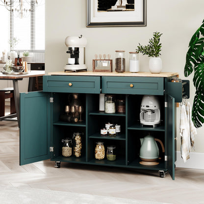 HOLTICO Kücheninsel auf Rädern, rollbarer Inselwagen mit abklappbarer Arbeitsplatte, Lagerungsschrank & Turmregal – praktischer Tisch für Küche & Esszimmer, Grün.