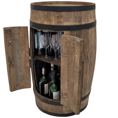 Fassbar XL aus Holzfass, handgemacht mit 2 Türen, Flaschenregal & Hausbar im Vintage-Stil – ideal als Theke, Schrank oder Geschenk für Männer.