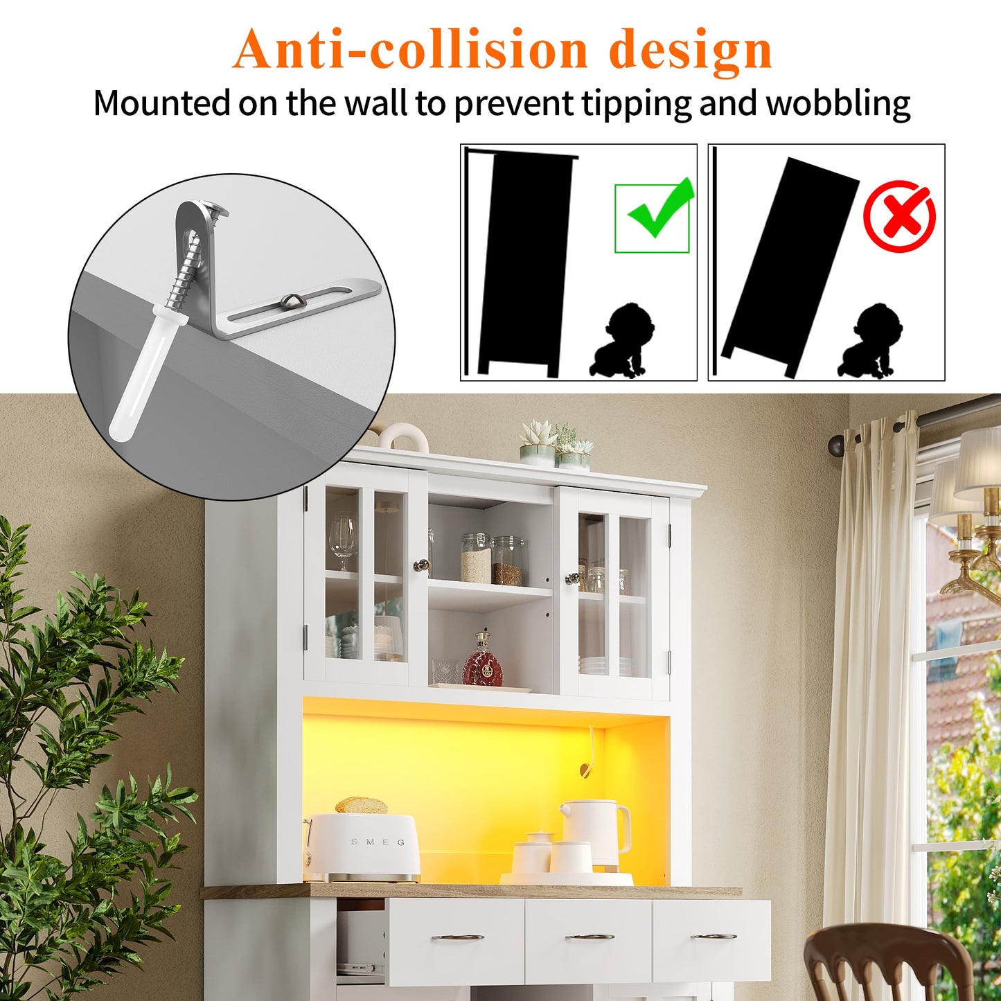 SogesHome Küchenschrank mit LED, Hochschrank & Buffet mit Vitrine, Sideboard, Weinregal & Schubladen, 106x40x179,5 cm – stilvoller Stauraum.