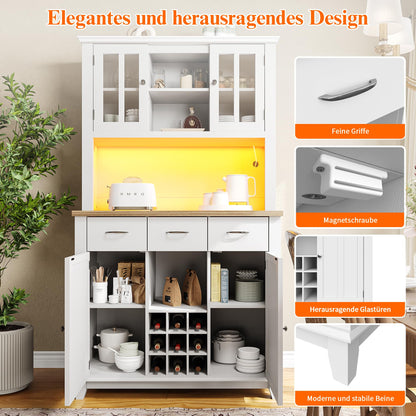 SogesHome Küchenschrank mit LED, Hochschrank & Buffet mit Vitrine, Sideboard, Weinregal & Schubladen, 106x40x179,5 cm – stilvoller Stauraum.