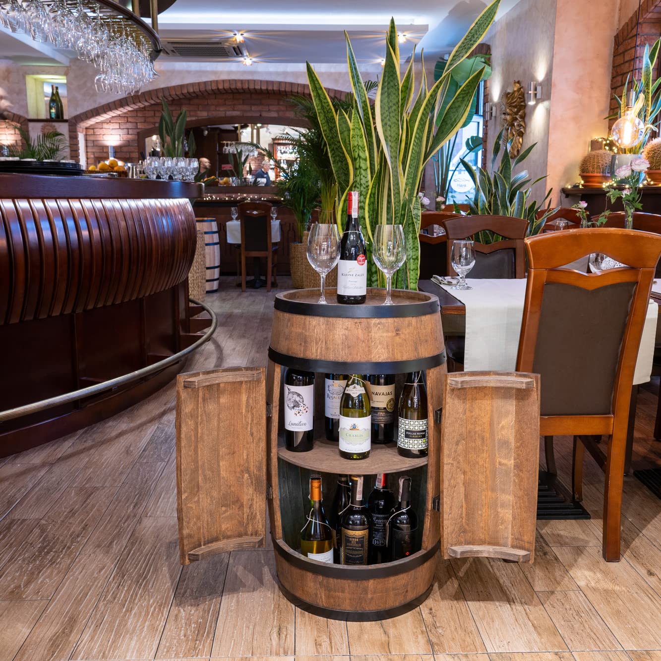 CREATIVE COOPER Weinfass Stehtisch, Fassmöbel & Weinbar aus Holz, mit Tür, Flaschenregal & Wenge-Finish, 80 cm hohe Mini-Bar für stilvolles Ambiente.