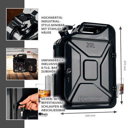 AMAVEL Kanister Bar 20L, schwarze Minibar aus Benzinkanister, inkl. 8-teiligem Zubehör-Set, 2 Gläsern & Flaschenhalter – origineller Barschrank.