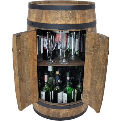 Fassbar XL aus Holzfass, handgemacht mit 2 Türen, Flaschenregal & Hausbar im Vintage-Stil – ideal als Theke, Schrank oder Geschenk für Männer.