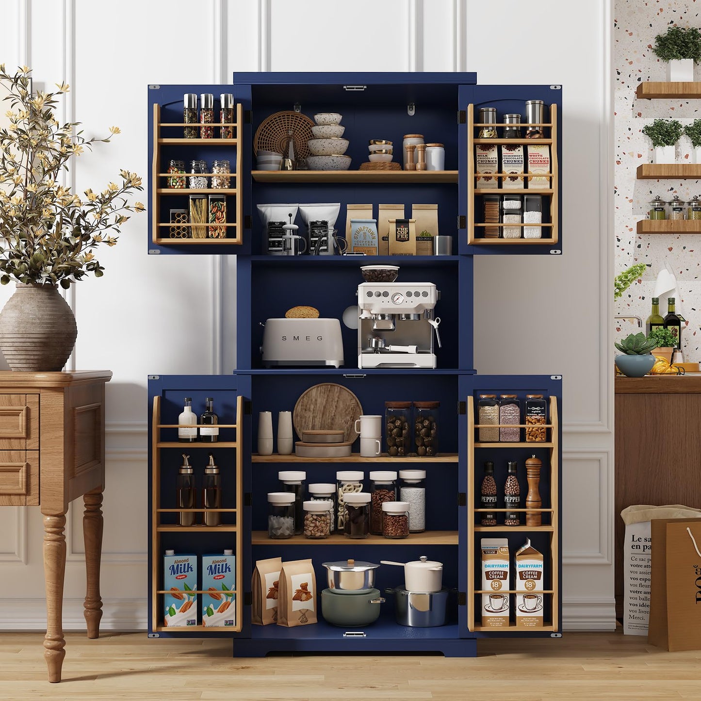 HOLTICO Küchenschrank mit Arbeitsplatte, Hochschrank & Buffet, Türen und Regale – vielseitiger Stauraum für Esszimmer, Küche oder Wohnzimmer, Blau.