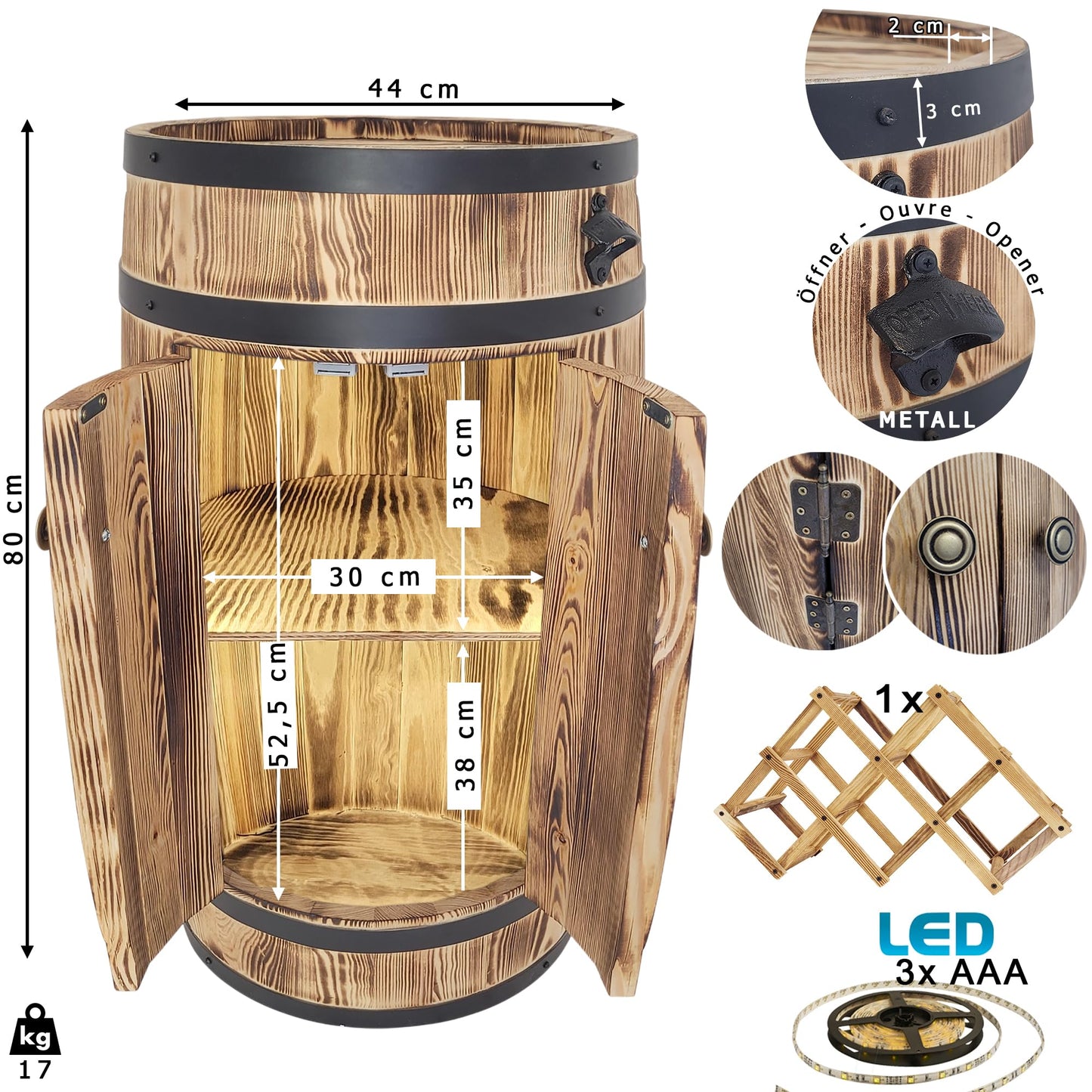 weeco Holzfass Barschrank, rustikale Hausbar mit Türen & LED-Beleuchtung, klappbarer mobiler Weinflaschenhalter für Alkoholflaschen, 80x50x44 cm.