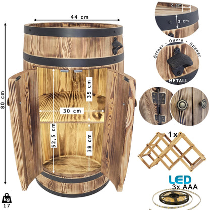 weeco Holzfass Barschrank, rustikale Hausbar mit Türen & LED-Beleuchtung, klappbarer mobiler Weinflaschenhalter für Alkoholflaschen, 80x50x44 cm.