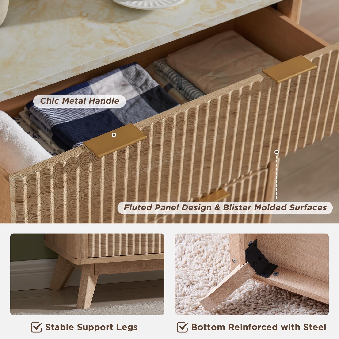 Flexoliving Kommode 137 cm, moderner Hochschrank mit 6 Schubladen, Rillenfront & Melaminplatte in Marmor-Optik, elegantes Design in Natur-Eiche.