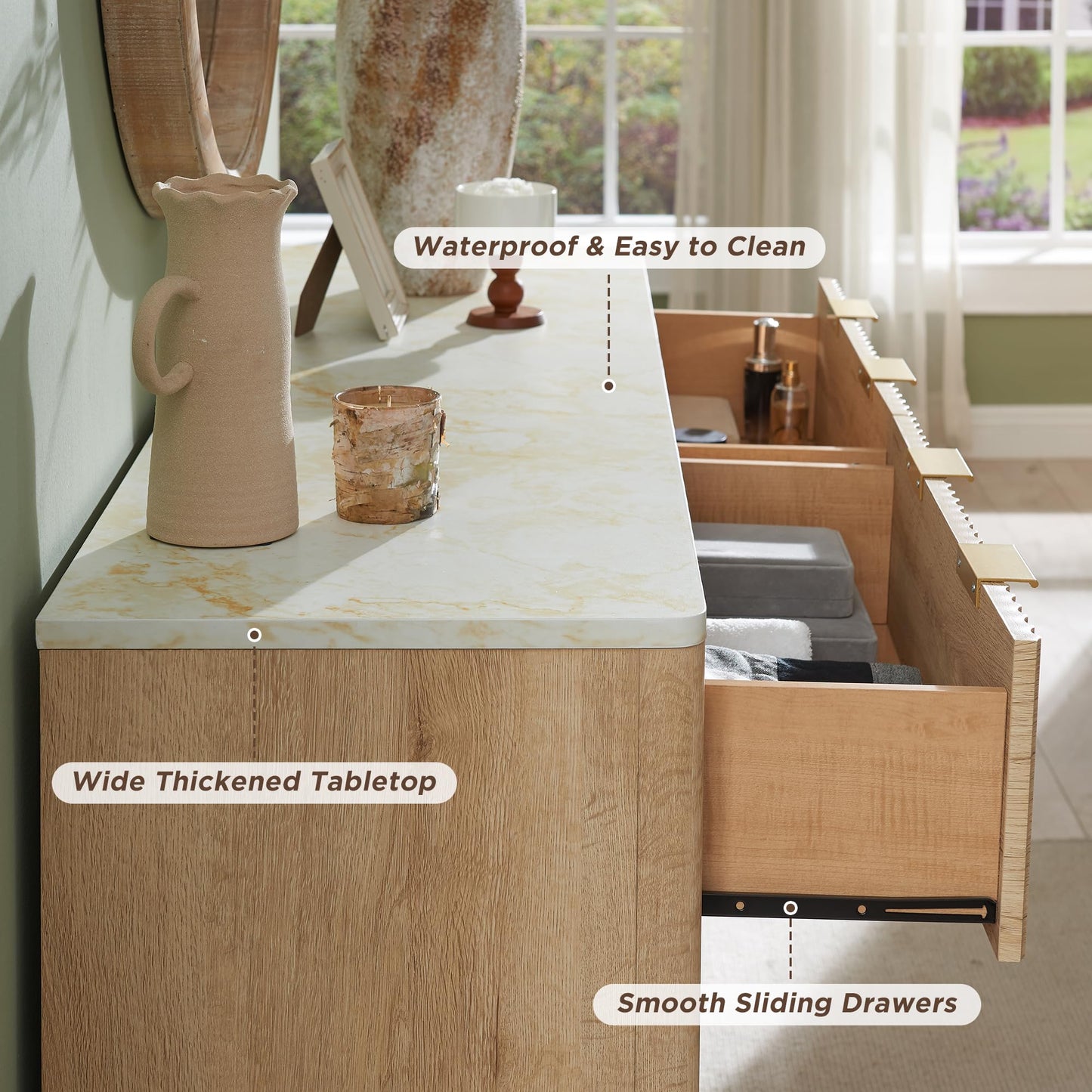 Flexoliving Kommode 137 cm, moderner Hochschrank mit 6 Schubladen, Rillenfront & Melaminplatte in Marmor-Optik, elegantes Design in Natur-Eiche.