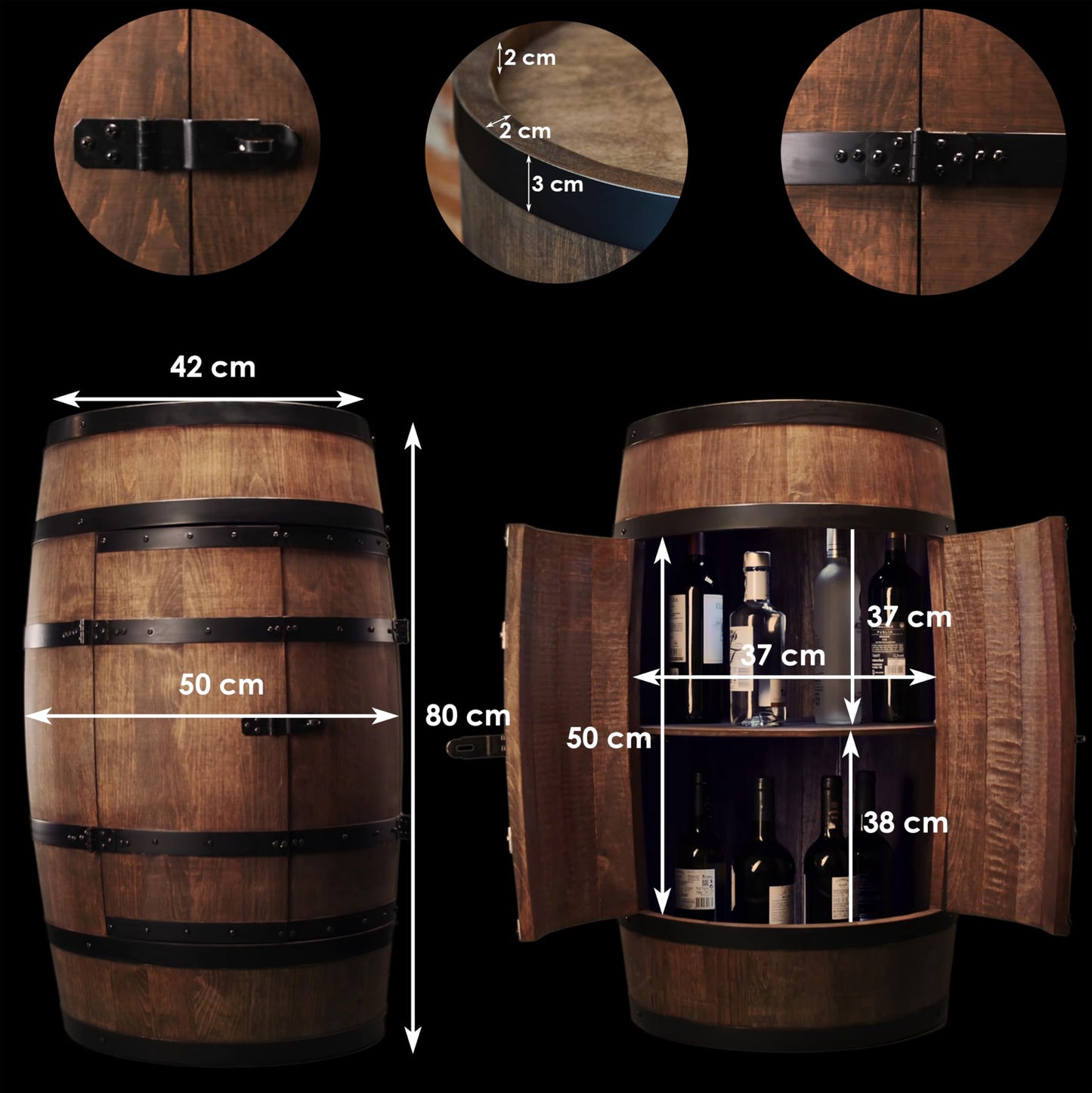 CREATIVE COOPER Weinfass Stehtisch, Fassmöbel & Weinbar aus Holz, mit Tür, Flaschenregal & Wenge-Finish, 80 cm hohe Mini-Bar für stilvolles Ambiente.
